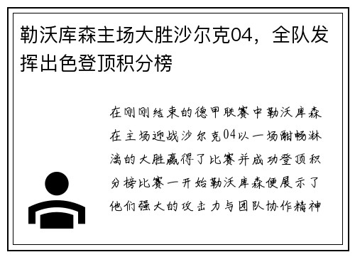 勒沃库森主场大胜沙尔克04，全队发挥出色登顶积分榜